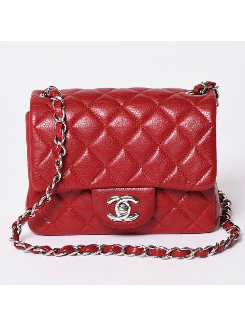 Chanel Mini Quilted 16 S Flap S Chain Shoulder Bag CC Logo Caviar Leather Silver